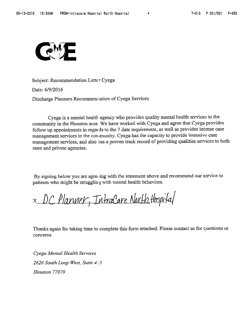 Intracare Recommendation Letter